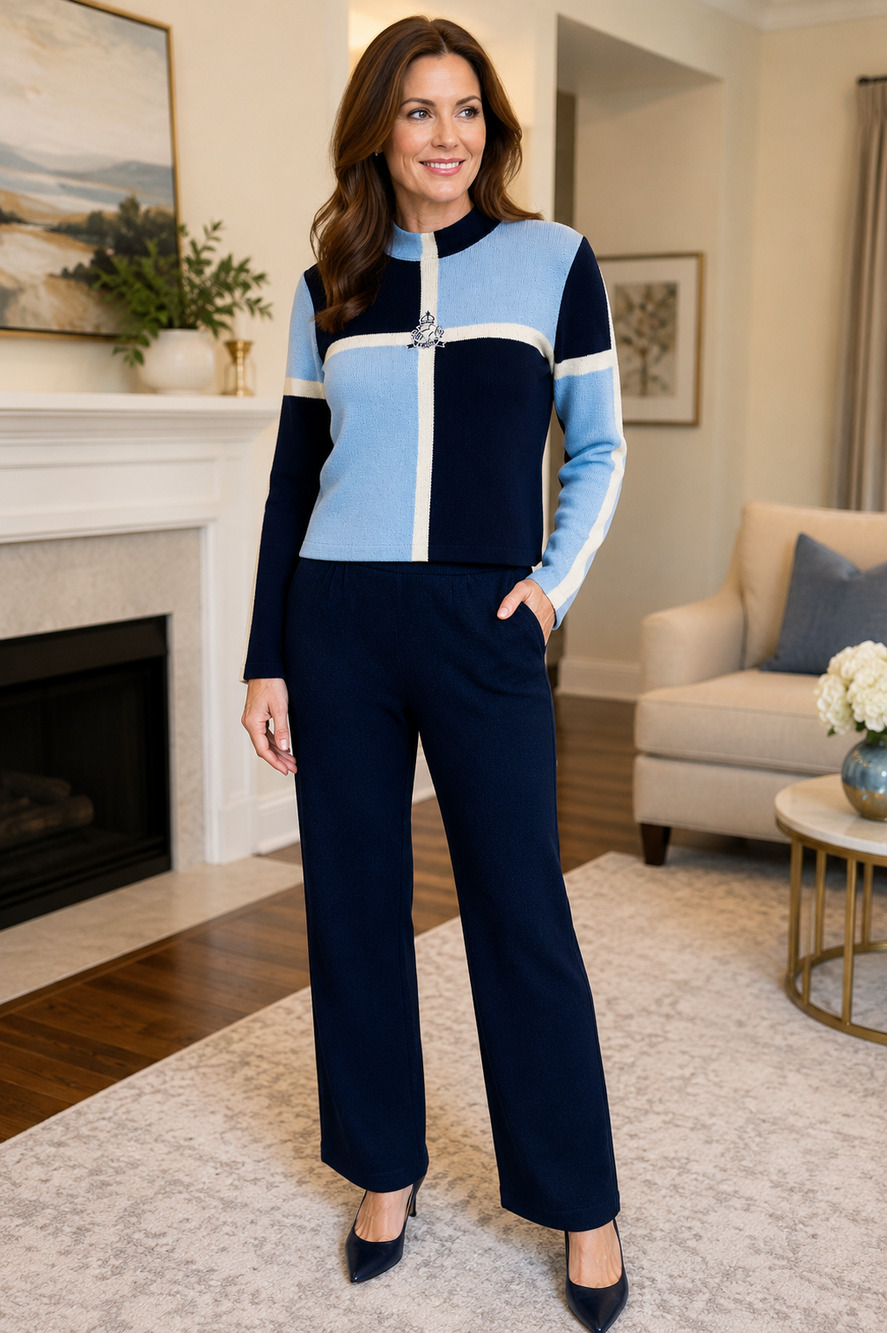 Bundle: St. John Sport Colorblock Sweater Marie Gray Navy Blue Pants USA Vintage